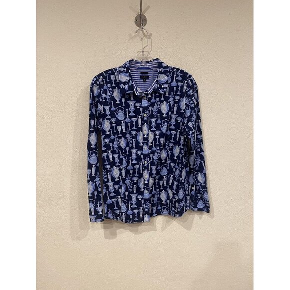Talbots Shirt Womens 10 Navy Blue Non-Iron Porcelain Vase Print Button Front - Picture 2 of 5